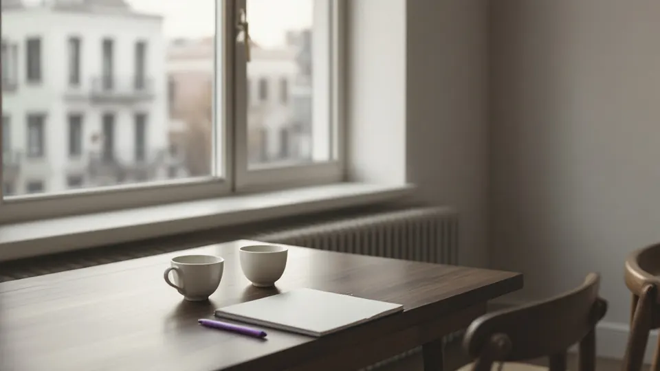 Une table près d’une fenêtre, deux tasses de thé et un carnet